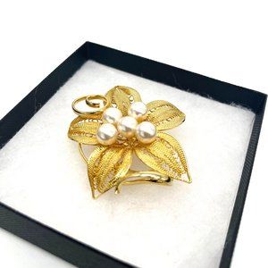 Orchid Flower Gold Tone Faux Pearl Brooch Vintage Pin